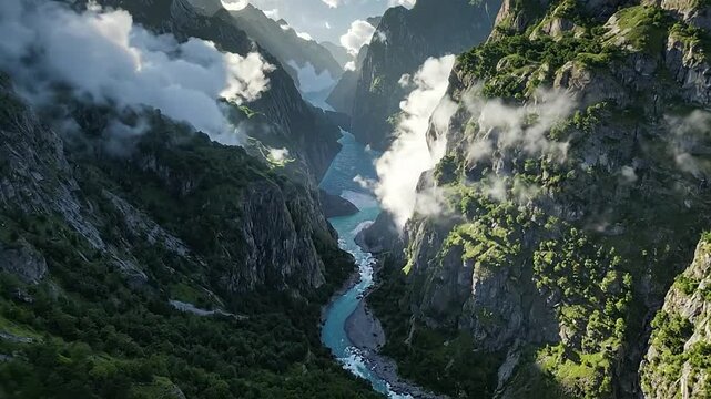 Misty clouds drift through a deep mountain valley with a winding river below