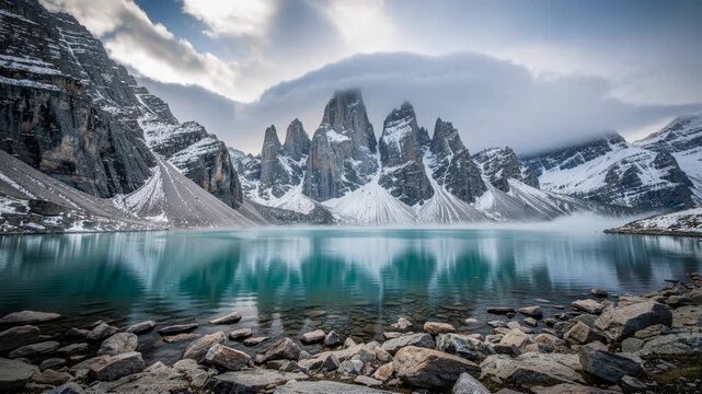 Serene mountain lake reflecting jagged snow covered peaks under misty sky in peaceful alpine landscape
