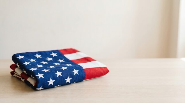 Folded American Flag on Wooden Table for Memorial Day or Independence Day Celebration