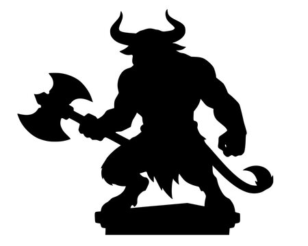 Minotaur Silhouette, Black silhouette of a Minotaur holding an axe, symbolizing brute force and mythic power