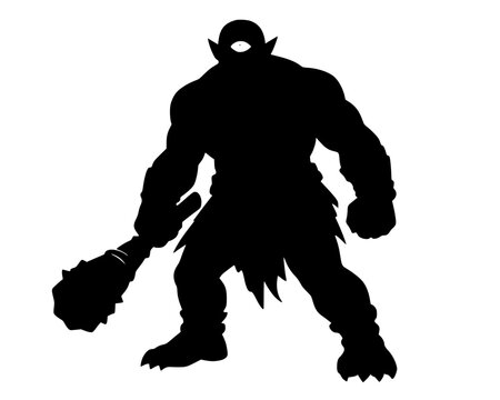 Humanoid Monster Silhouette, Black silhouette of a humanoid monster with large arms and a club, symbolizing brute force and primal powe