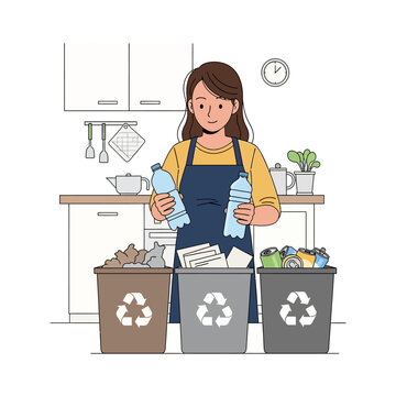 Woman Sorting Recyclable Materials in Kitchen for Environmental Conservation.