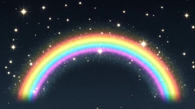 A vibrant rainbow arcs across a starry night sky with sparkling celestial bodies