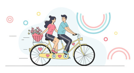 Fototapeta premium Couple Riding Tandem Bicycle with Heart Decorations and Flowers