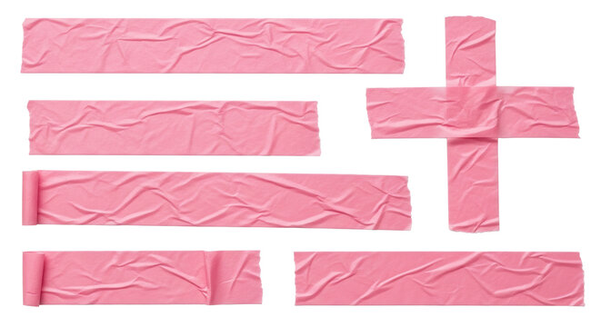 Collection of crumpled pink masking tape strips and cross shape on a transparent background