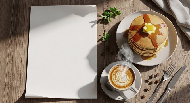 Elegant coffee setup with blank paper mockup on wooden table, suitable for menu design and cafe advertising.