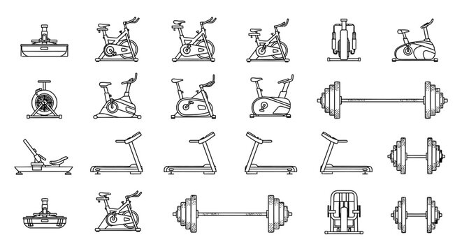 fitness equipment and gym workout machines are depicted as detailed line art vector icons for health and exercise concepts.