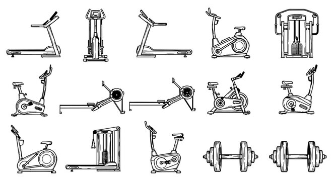 line art gym equipment vector illustration set featuring fitness machines like treadmills exercise bikes and barbells for training.