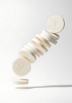 Fresh White Daikon Radish Slices Levitating on White Background, Falling Healthy Vegetable for Salad, Organic Minimalist Food Concept with Copy Space