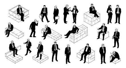 Fototapeta premium isometric business people illustrations showcase diverse professional scenarios and corporate tasks using simple geometric shapes.