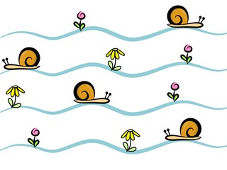 Cute cartoon snails and flowers on wavy lines illustration. Hand-drawn style with snail and flower. Summer illustration background. Snail icon background © Stock Arza