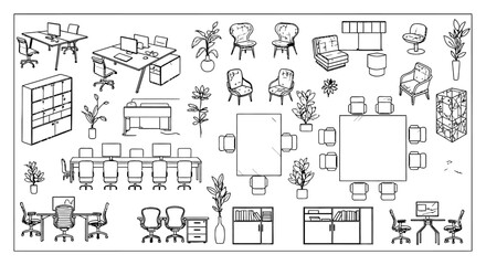 Fototapeta premium modern office furniture and equipment collection featuring desks chairs and storage for professional workplace design.