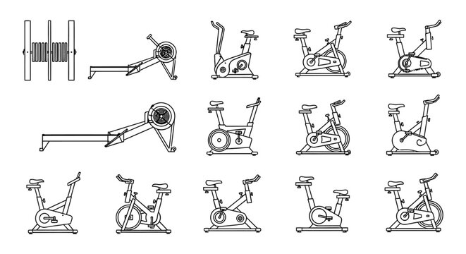 exercise equipment line art collection featuring spin bikes upright bikes and rowing machines for fitness and workout