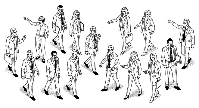 isometric illustration of business people a professional corporate crowd of men and women walking and pointing showcasing teamwork and business activity.