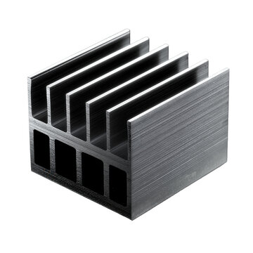Brushed aluminum heatsink with fins and square cutouts for heat dissipation transparent background