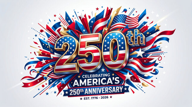 Celebrating american history with patriotic 250th anniversary design featuring red white and blue stars stripes and fireworks composition.