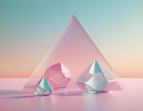 Abstract geometric with translucent glass, soft gradients in pastel tones   