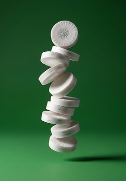 Levitating Slices of Fresh White Daikon Radish Balancing in a Vertical Stack on a Green Background, Minimalist Healthy Food Photography and Creative Concept