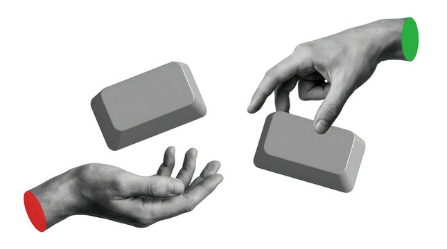 Two hands interact with floating grey computer keys one hand reaching out and the other holding a key against a white backdrop interaction abstract modern conceptual technology