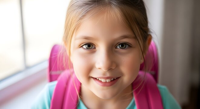 Happy young elementary school girl with pink backpack, ready for her first day back to school, smiling brightly at the camera.