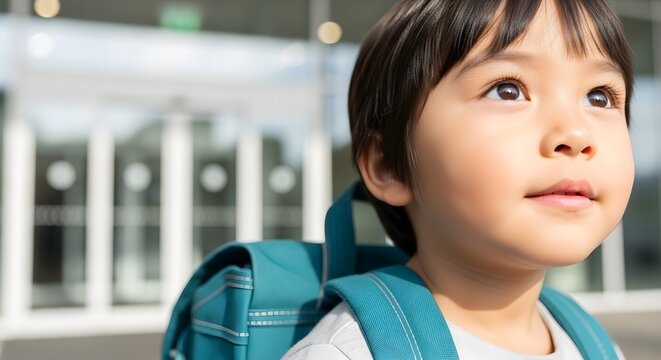 Hopeful young boy with backpack ready for his first day back to school, standing outside a modern educational building.