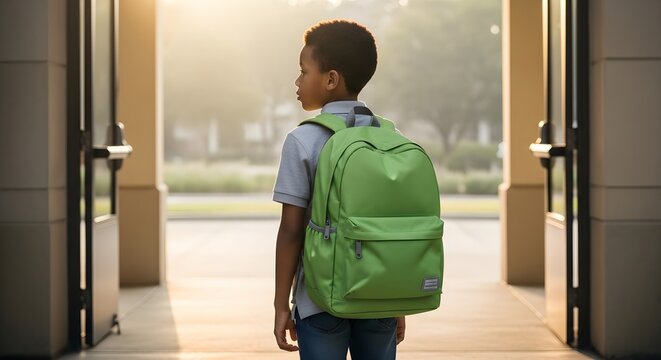 Young African American boy with a vibrant green backpack stands at the school entrance, ready for a new academic year. Back to school journey begins.
