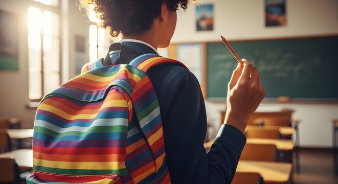 Young student with vibrant rainbow backpack and pencil in an empty classroom, eagerly anticipating the back to school season and new learning adventures.