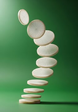 Sliced White Daikon Radish Falling in a Spiral Against a Solid Green Studio Background, Conceptual Minimalist Food Photography with Levitating Vegetable Pieces
