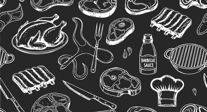 Hand-Drawn BBQ Meat and Food Pattern on Black Background