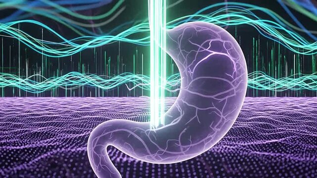 Abstract visualization of a human digestive organ with flowing energy waves and digital patterns
