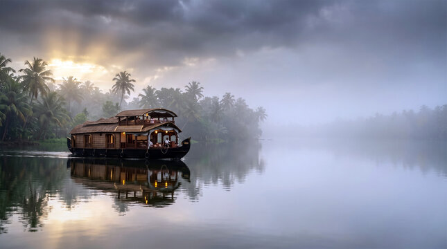 Luxury Kerala Houseboat Sailing on Calm Misty Backwaters with Golden Sun Rays, Beautiful Alappuzha Sunrise Landscape with Coconut Palms, Traditional South India Tourism and Serene Water Reflections.