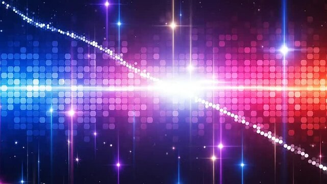 Abstract glowing digital particles and light streaks create a vibrant, energetic background