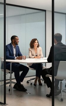 Three professionals engage in a friendly business meeting through