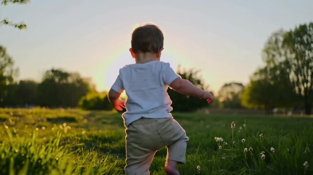 Toddler in white t-shirt walking through green grass at sunset, eye level shot, slow motion