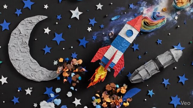 Creative papercraft rocket ship launching into outer space galaxy using cardboard cutout animation style for scientific exploration mission and discovery themed project with layered clouds