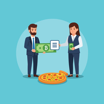 Man and woman exchanging Bitcoin for pizza illustration.