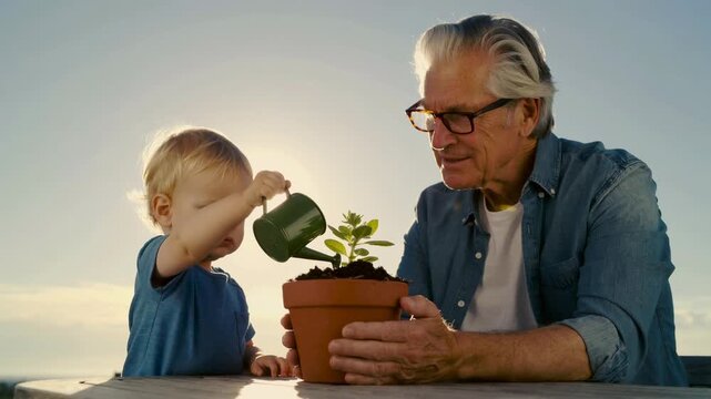 White toddler and mature man watering green plant in terracotta pot outdoors in medium shot