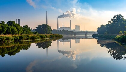 Naklejka premium A serene landscape of a body of water with industrial buildings