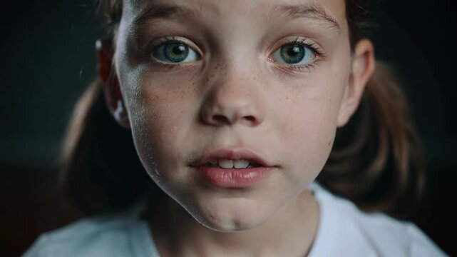 Young girl with white shirt sticking out tongue against dark background, close up shot