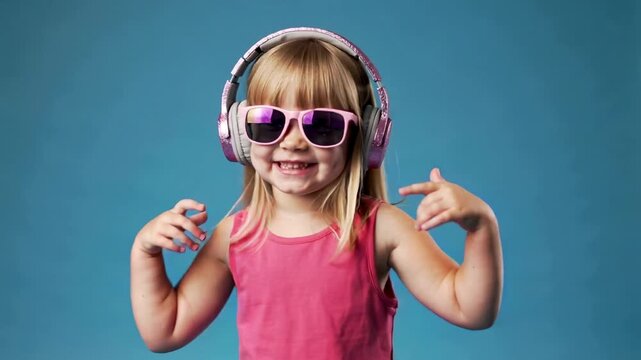 Young girl in pink tank top wearing glittery headphones and sunglasses dancing, eye level medium shot