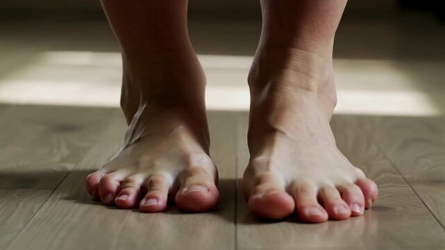 Bare feet walking on wooden floor indoors in bright sunlight showing copy space low angle shot