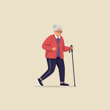 Elderly Woman Walking with a Cane.