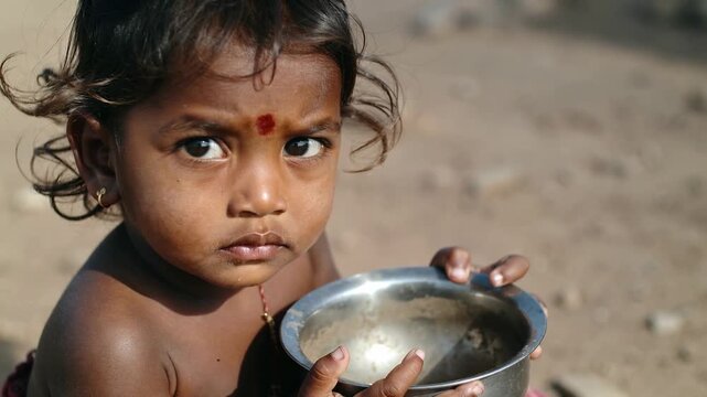 Young Indian girl holding empty metal bowl outdoors, close up shot