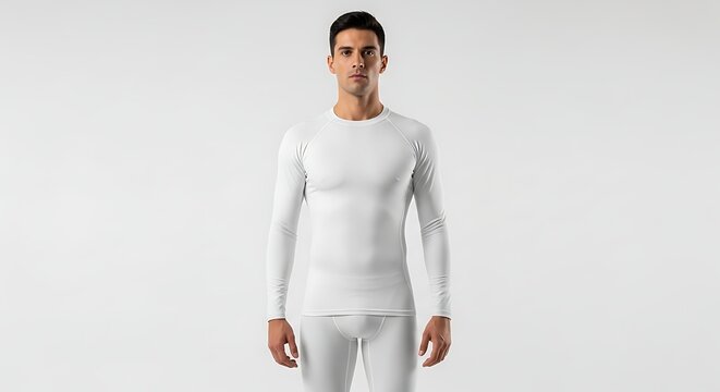 Men's White Long Sleeve Compression Shirt and Leggings Set, Athletic Base Layer Mockup for Fitness and Sportswear on White Background