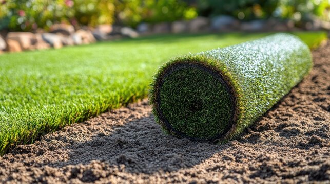 Rolled artificial turf on prepared soil next to a newly laid green lawn with stone border and sunlit garden background, conveying fresh renewal and tidy satisfaction