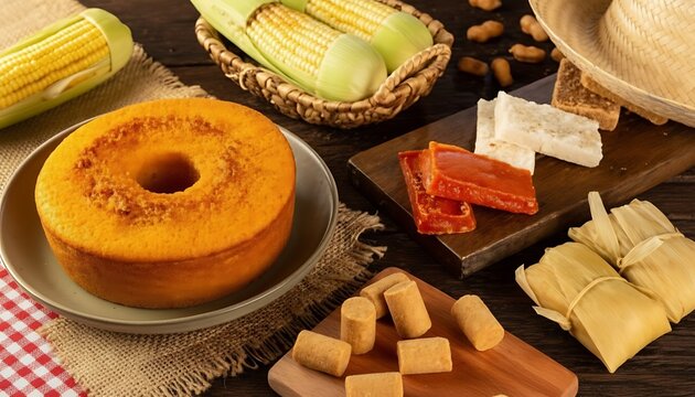 Traditional Brazilian Festa Junina treats with corn cake and sweets