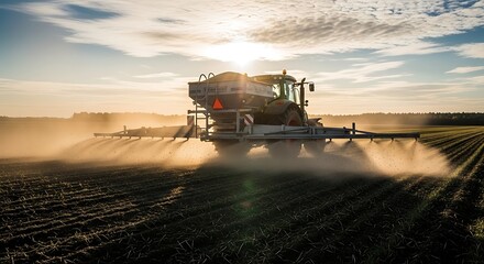 Fototapeta premium Tractor spreading fertilizer on a field at sunrise, creating a dust cloud