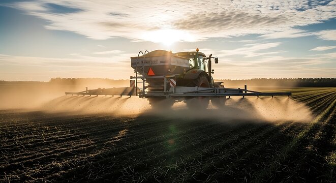 Tractor spreading fertilizer on a field at sunrise, creating a dust cloud