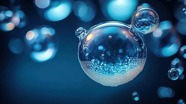 close-up of suspended transparent bubbles with tiny particles and reflections against a blue bokeh background, serene dreamy delicate mood
