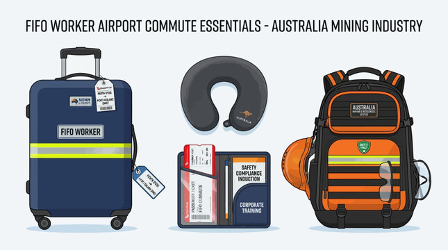 Mining industry worker travel equipment featuring luggage and safety gear in this animated motion video clip